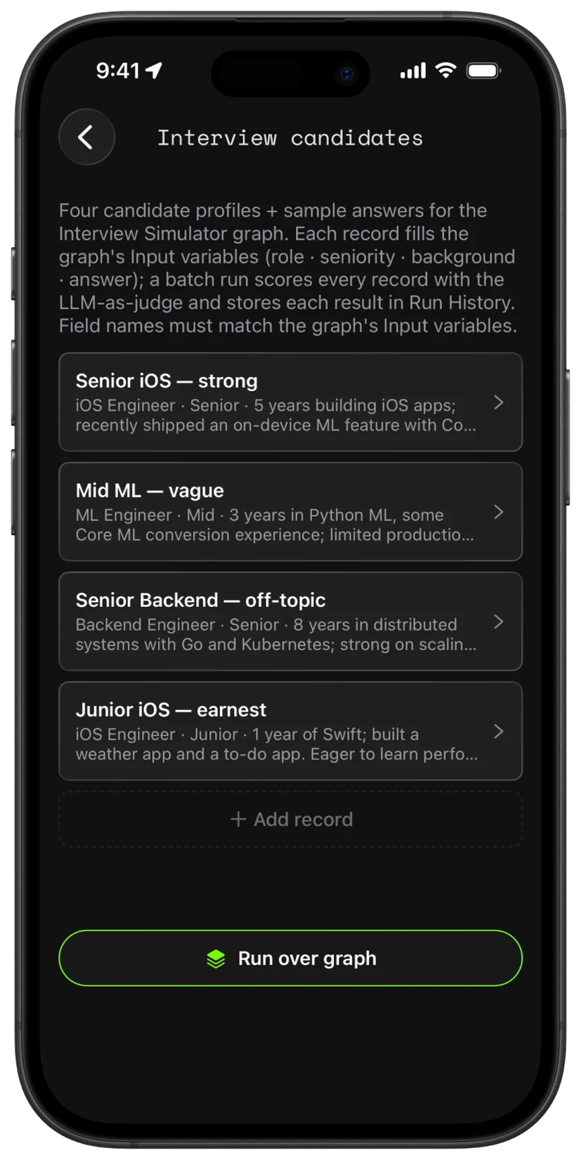 A NativeX dataset of interview candidate records with a Run-over-graph button.