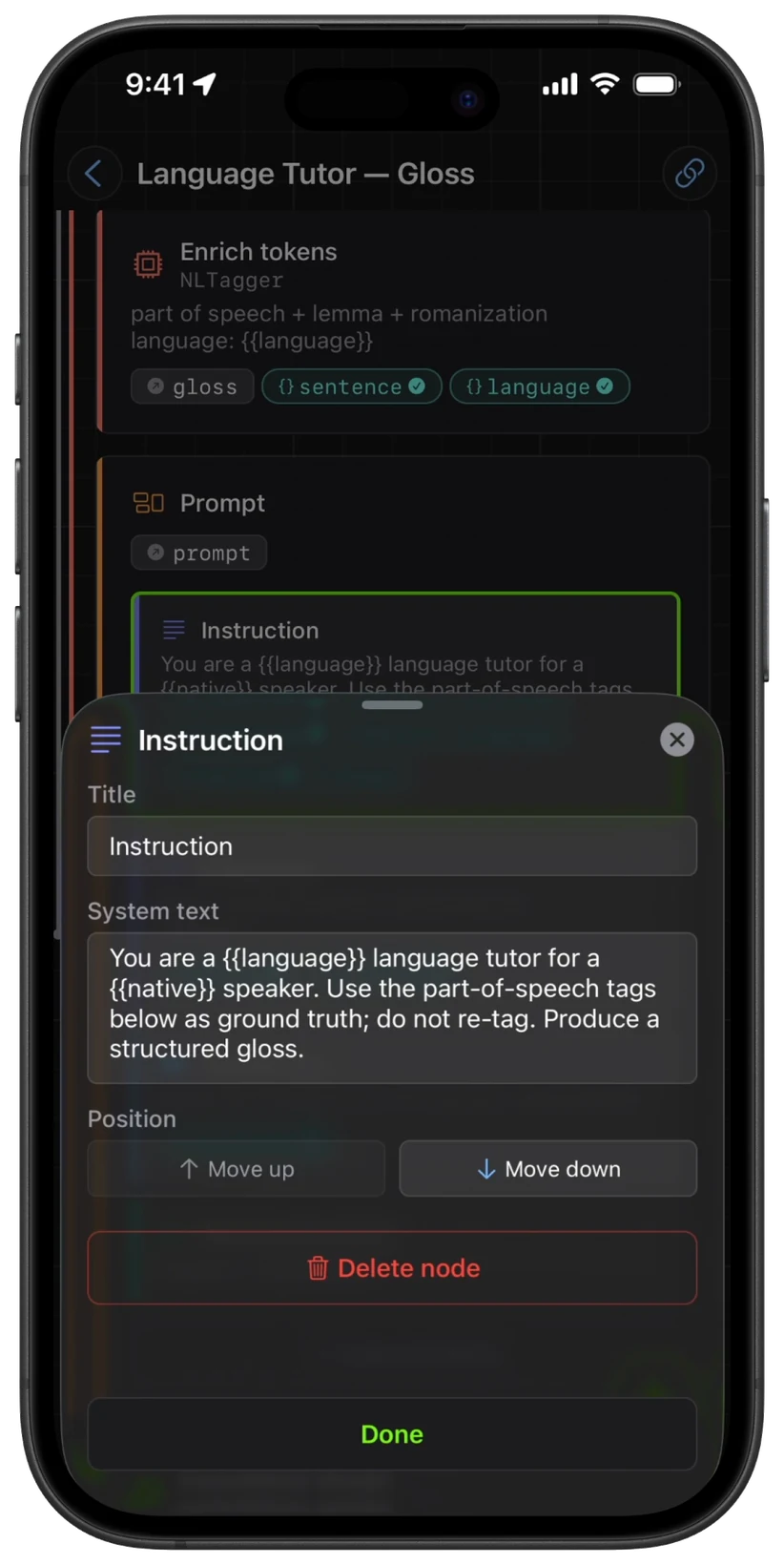 A NativeX node inspector bottom sheet editing an Instruction block.