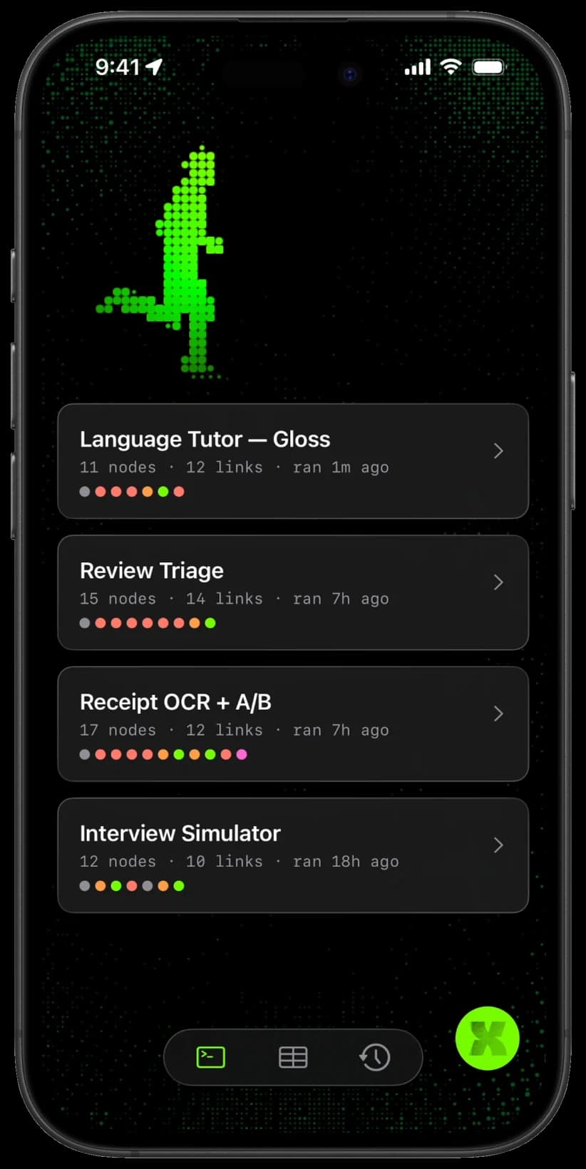 The NativeX Playground home screen: a neon runner sprite over a halftone grid above a list of prompt graphs.