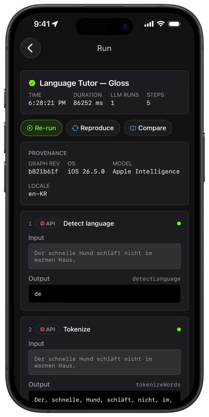 A NativeX run trace showing per-step input, output, and provenance.